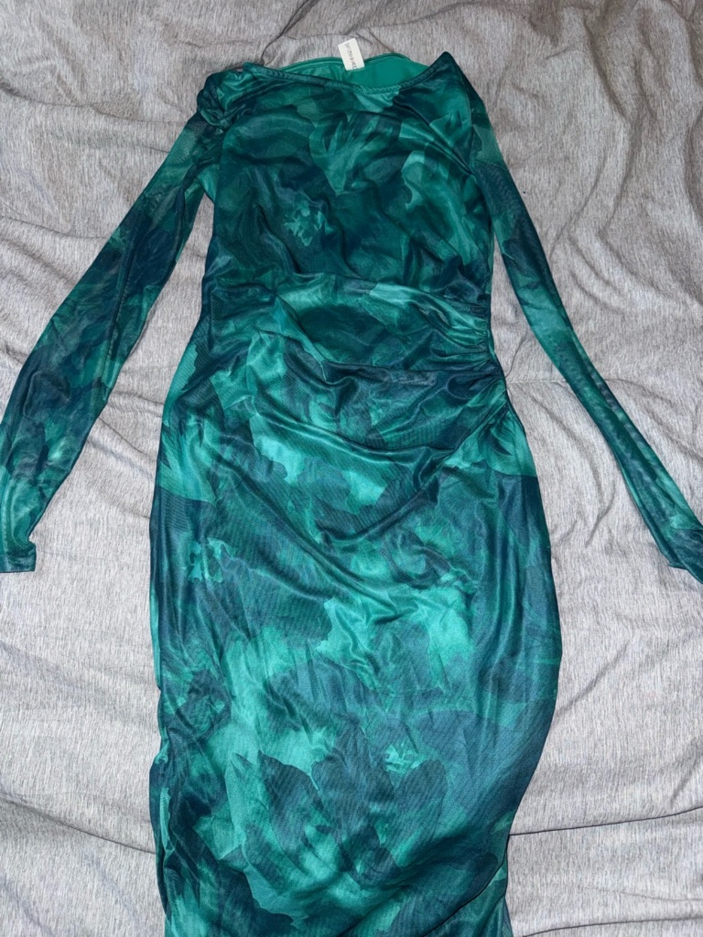 Green Marble-Print Long Sleeve Bodycon Dress